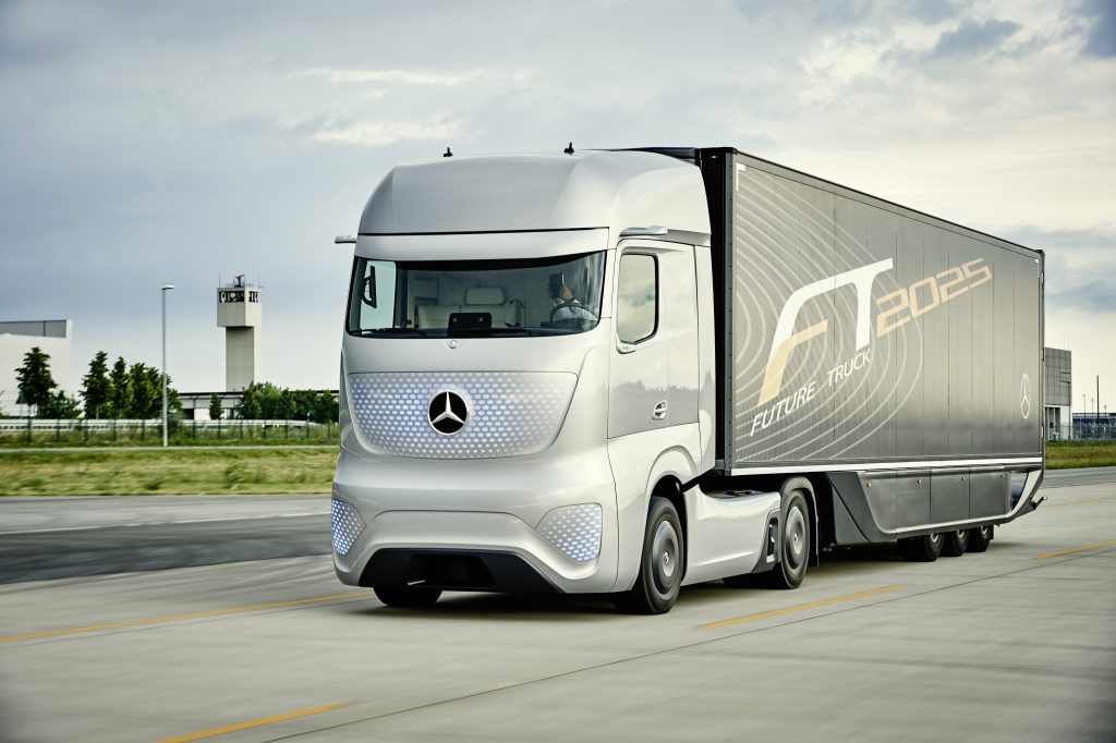 Autonomous truck is driving on the road.